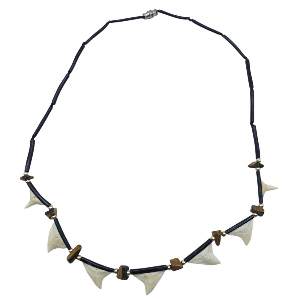 Vintage Shark Tooth Black Coral Tigers Eye Beaded Necklace 19" Boho Surfer